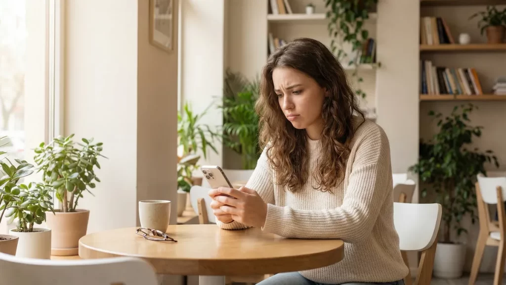 A woman in her twenties sits at a table in a brightly lit cafe, looking at her smartphone screen with a slightly anxious expression.