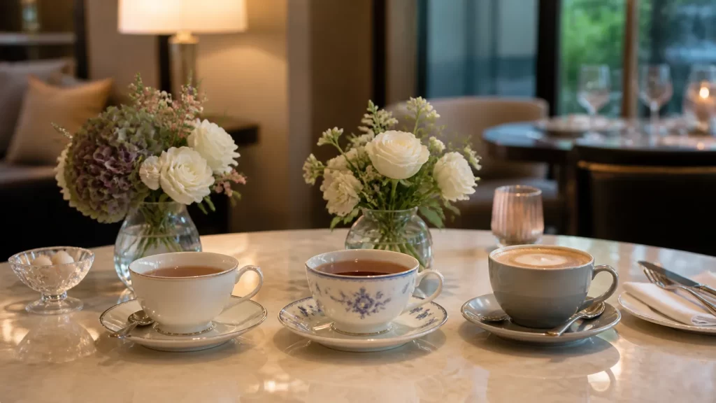 3つの場所の種類(ホテルラウンジ・カフェ・カフェレストラン)を象徴するティーカップとフラワーアレンジメントが並ぶ上品なテーブル写真