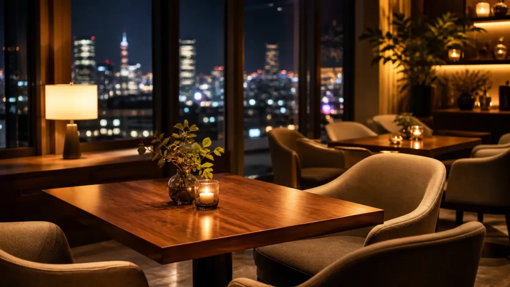 東京の夜景を背景にした上品なカフェの内装。柔らかい暖色の照明、シックな木目のテーブル、上品な椅子。