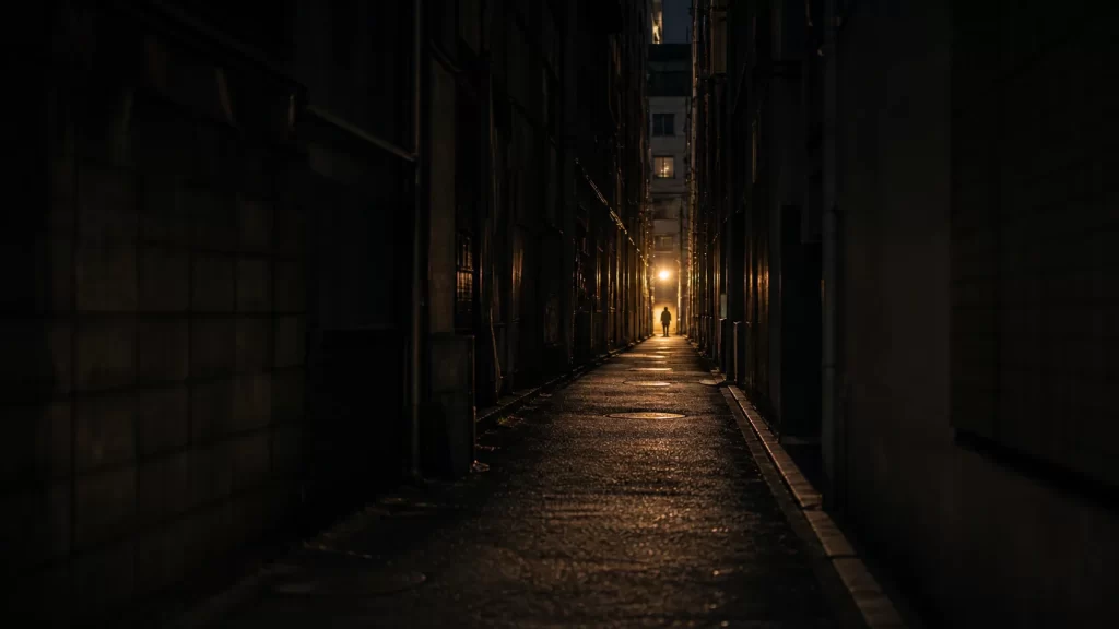 薄暗い路地裏のシルエットと、その奥に見える小さな光。少し緊張感のある雰囲気、警告を象徴する暗めの色調。