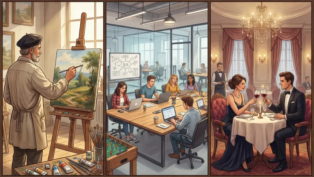 A collage-style illustration divided into three sections.