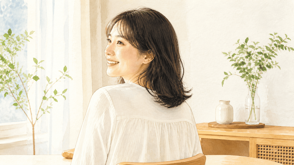 自然光の入る部屋で笑顔で撮影された女性の後ろ姿・雰囲気カットのイラスト