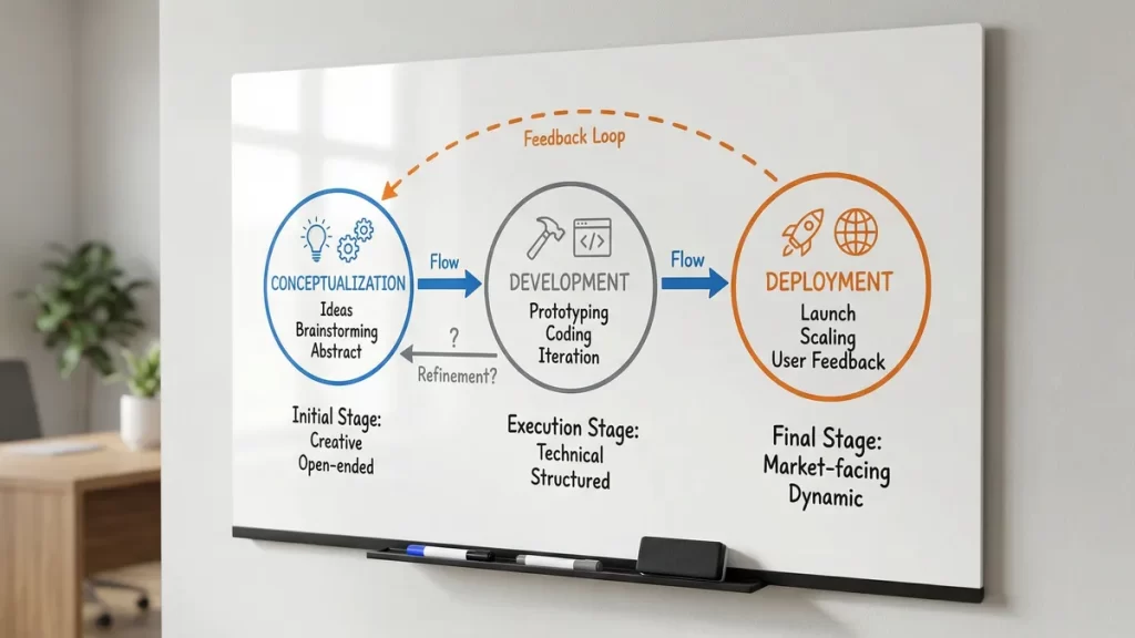 ホワイトボードに3つの円が描かれ、それぞれの違いが矢印で示されている場面