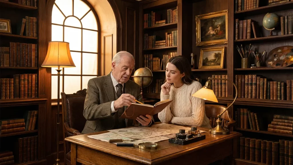 高級感のあるヨーロッパ風の書斎で、年配の紳士が若い芸術家にスケッチを見せている