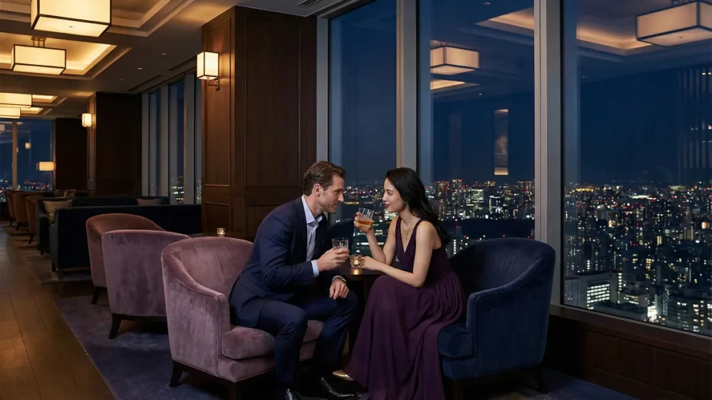 都会の夜景が見える高層ビルのラウンジで、スーツ姿の男性とドレスアップした女性