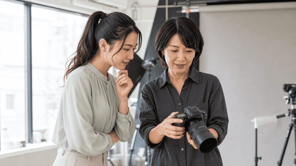 プロフィール写真の再撮影について女性スタッフへ相談する様子