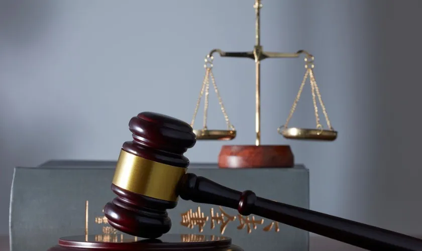 木製ハンマーと六法全書が写った画像