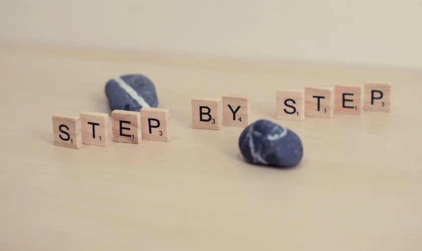 ステップバイステップの文字が書かれた画像