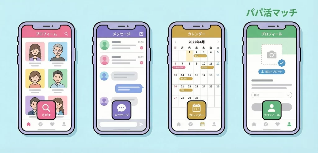 4つのスマートフォン画面を横並びに並べ、それぞれ異なるパパ活アプリのUIをイメージしたモックアップ風イラスト
