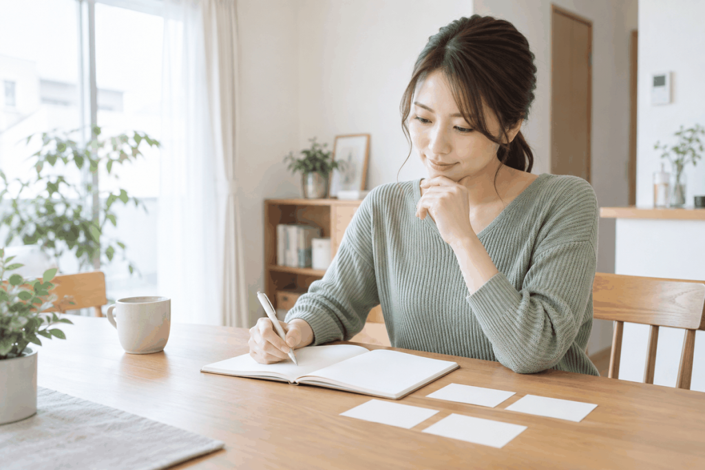 パパ活を始める前にノートで目的と希望条件を整理する成人女性