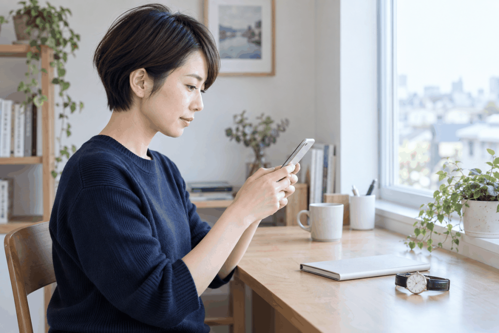 会う前の条件をスマートフォンで落ち着いて確認する成人女性