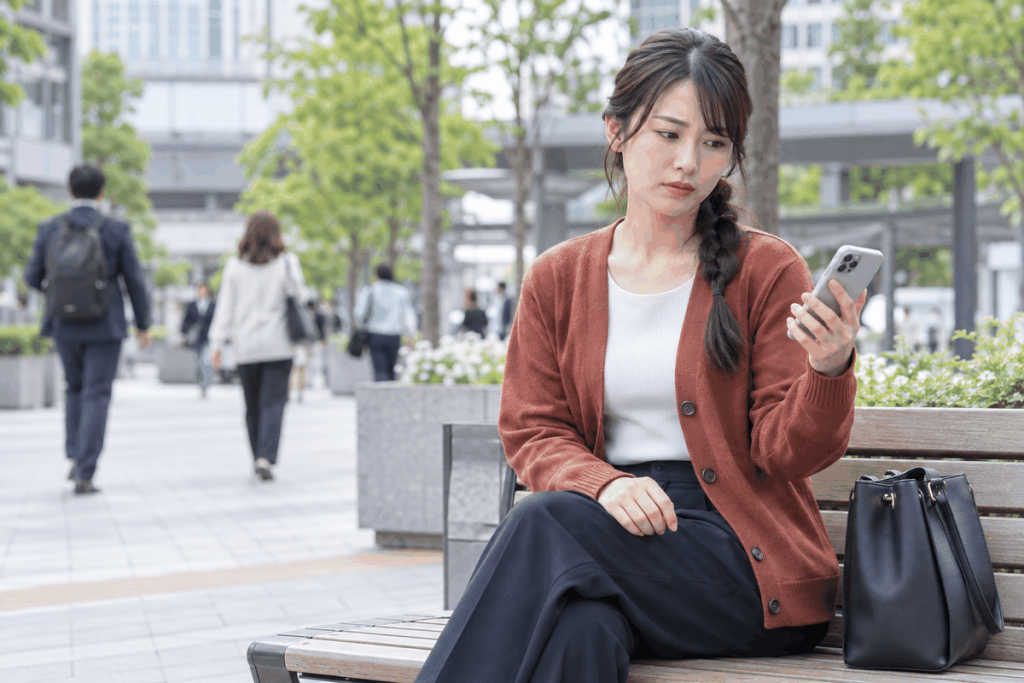 公共の場所で不審な連絡に気づき返信を止める成人女性