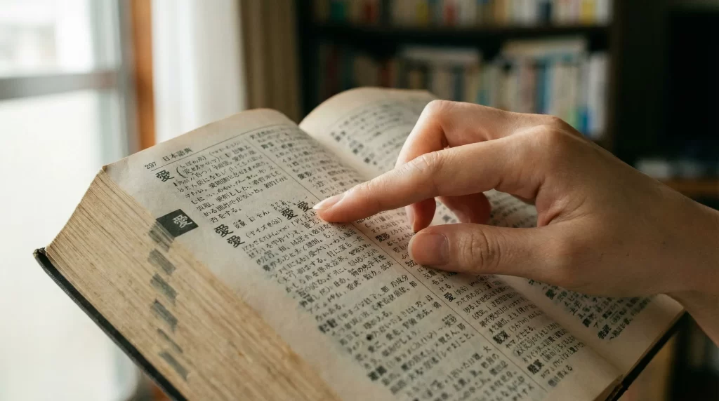 辞書の「愛」の漢字を指さす女性の手元