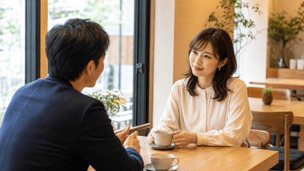 An illustration of a woman engaging in "sugar dating" (papakatsu) while enjoying conversation without engaging in physical relations.