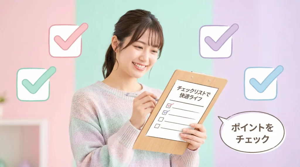 チェックリストを持った20代女性がポイントを確認しているイラスト