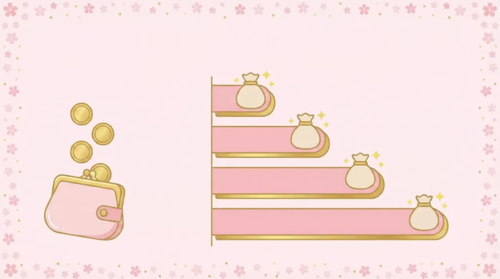 お手当相場の棒グラフとお財布のイラストを組み合わせたデザイン。