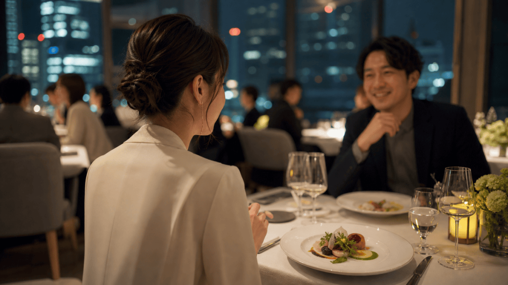 丸の内のレストランで食事のみのパパ活デートを楽しむ女性