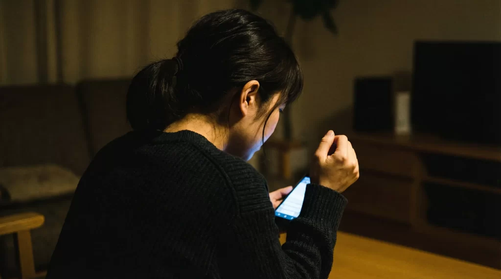 不安そうな表情でスマートフォンを見つめる女性の後ろ姿。薄暗い部屋。
