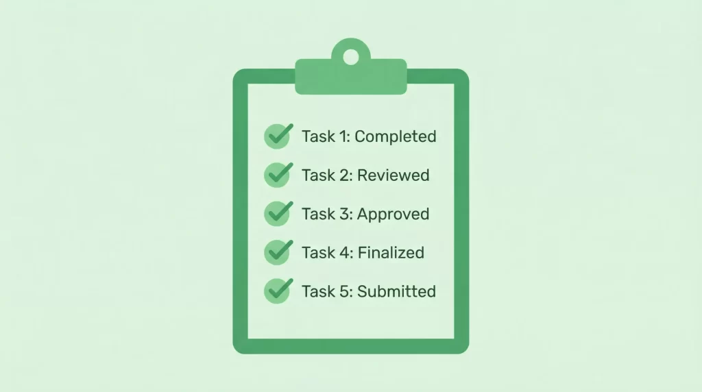 チェックリストが描かれたクリップボードのイラスト、5項目にチェックマークが入ったフラットデザイン、グリーン系の配色、