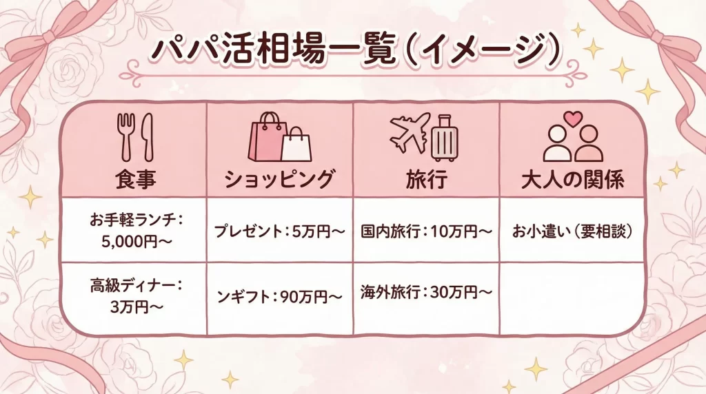 パパ活の相場一覧テーブルをイメージした、淡いピンクとホワイトを基調としたインフォグラフィック風のイラスト