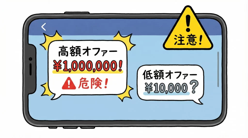 スマートフォンの画面にメッセージアプリ風のUIが表示され、高額オファーと低額オファーが並ぶイラスト、注意マーク付き