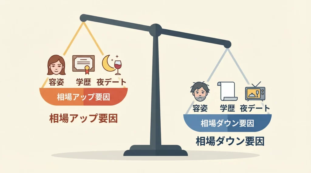 天秤のイラストで、左側に「相場アップ要因」（容姿・学歴・夜デート）、右側に「相場ダウン要因」を示した、シンプルなフラットデザイン