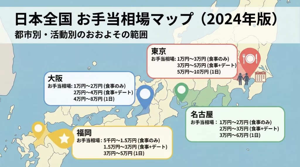 日本地図の上に東京・大阪・名古屋・福岡の都市名とお手当相場レンジをプロットしたインフォグラフィック