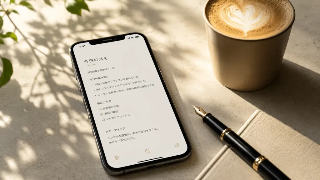 スマートフォンの画面にメモアプリが開かれており、上品なメモ書きが見える。横にはペーパーカップのカフェラテと万年筆。