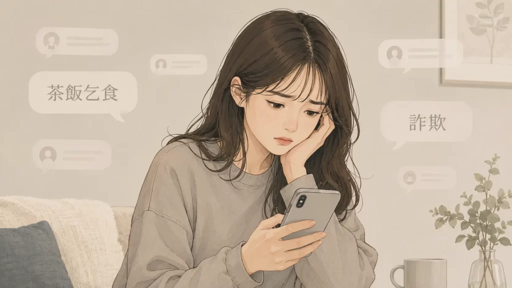落ち込んだ表情でスマホを見る20代女性のイラスト