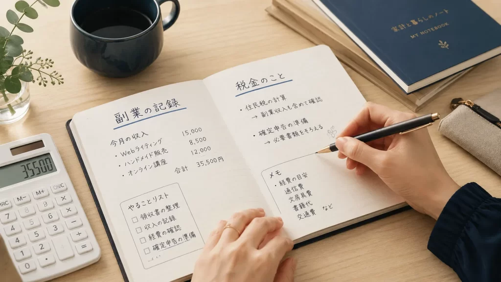 パパ活と税金のイメージ。手帳と電卓、コーヒーカップ、女性の手元