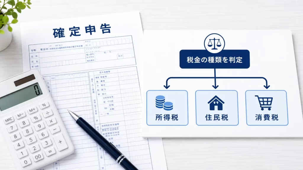 税金の種類を判定するイメージ。確定申告書類、計算機、ペン、判定の矢印図