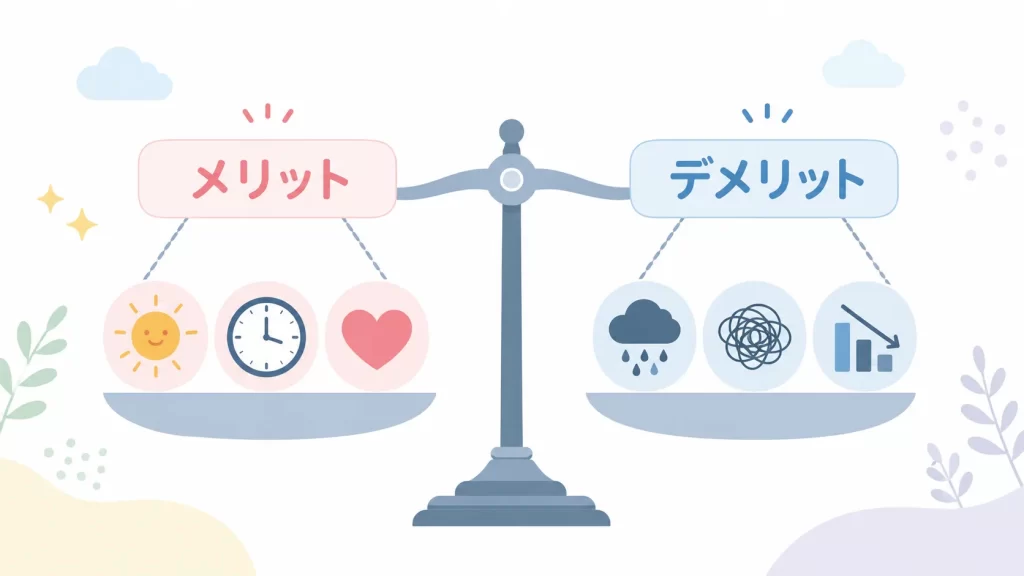 An illustration of a balance scale. Three "advantages" icons (sun, clock, heart) are on the left, and three "disadvantages" icons are on the right.