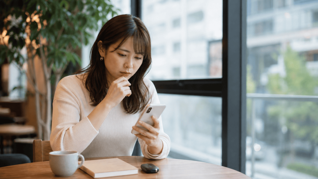 カフェで車のキーを前にスマートフォンのメッセージを確認する成人女性
