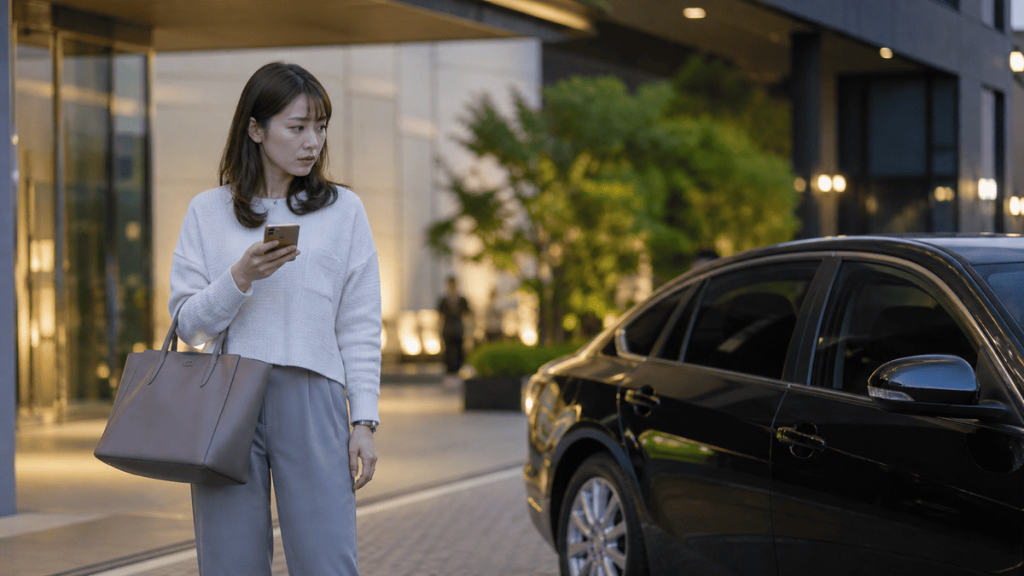 ホテル前で車から距離を取りスマートフォンを確認する成人女性