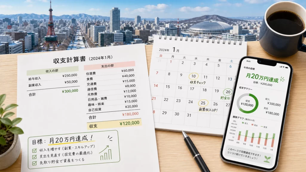 札幌の街並みを背景に、収支表とカレンダー・スマートフォンが配置された俯瞰構図。月20万円達成のイメージ。