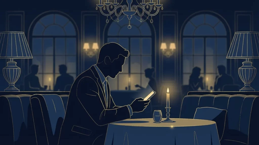 An illustration of a businessman's silhouette operating a smartphone in a high-end restaurant.