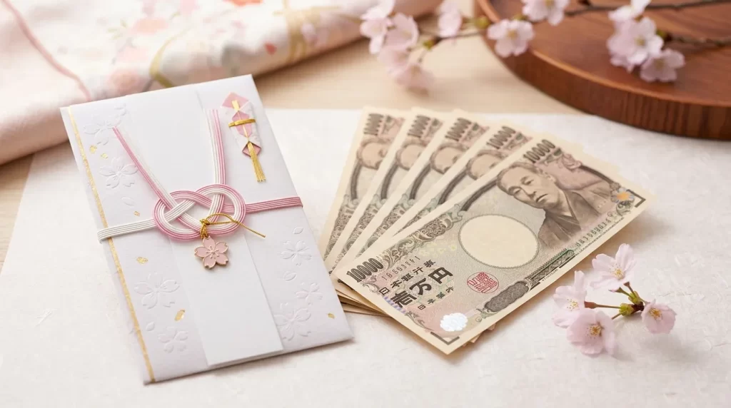 Illustration of Japanese yen banknotes and envelopes