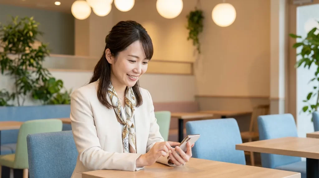 カフェでスマートフォンを見る40代女性