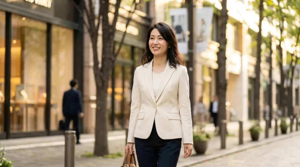 高級ショッピングエリアを歩く40代女性