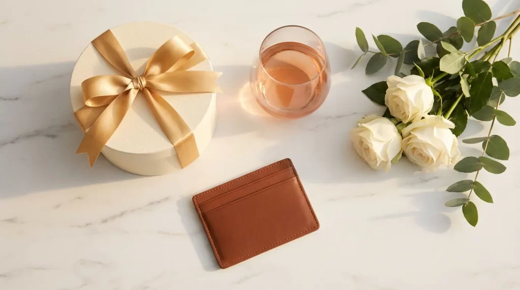 ギフトボックスやワイングラスが並ぶラグジュアリーなイメージ