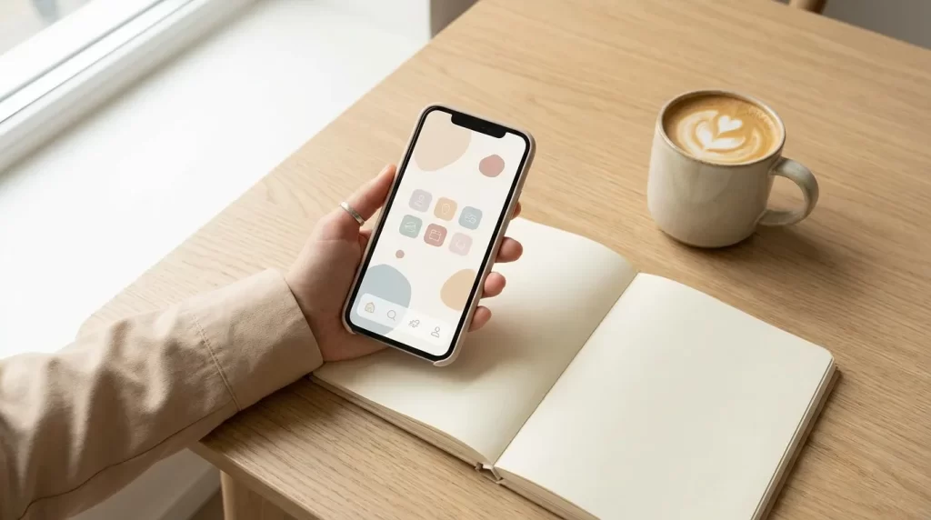 スマートフォンでアプリを選ぶ女性の手元