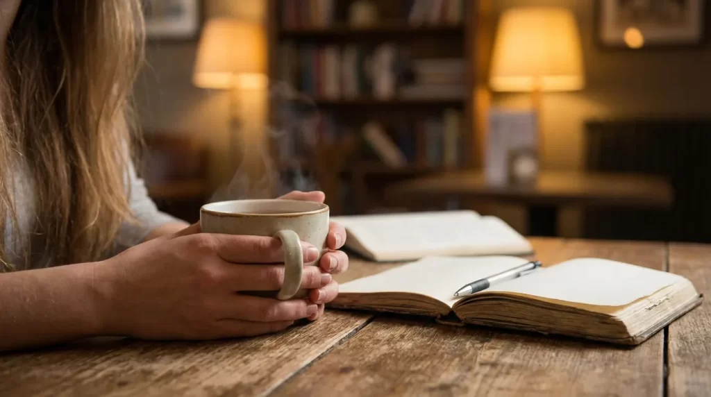 カフェでノートとお茶を手にする女性の手元