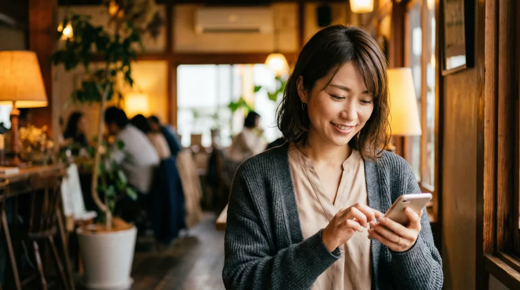 30代女性がカフェでパパ活アプリを使っている様子