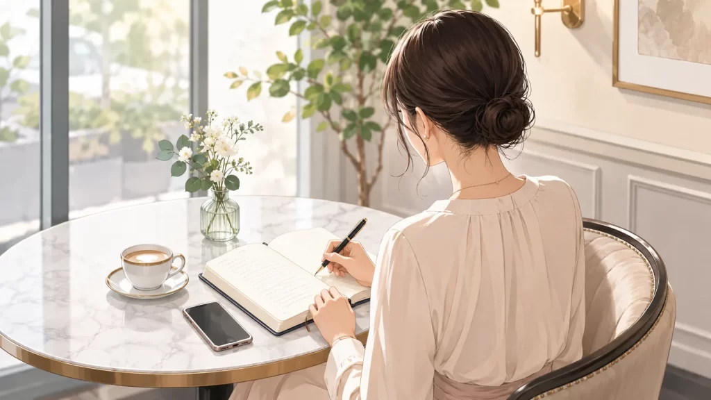 カフェのテーブルでノートとスマートフォンを広げ、振り返りメモを書いている20代後半の日本人女性の後ろ姿のイラスト。