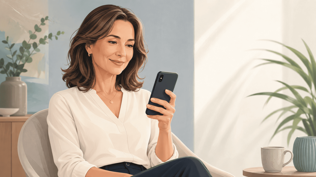 An illustration of a calm-looking woman in her 40s with a positive expression while looking at her smartphone.