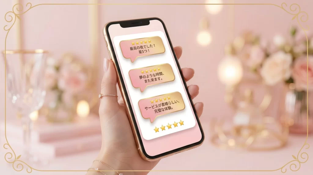 スマートフォンに星5つのレビューが表示されているイラスト