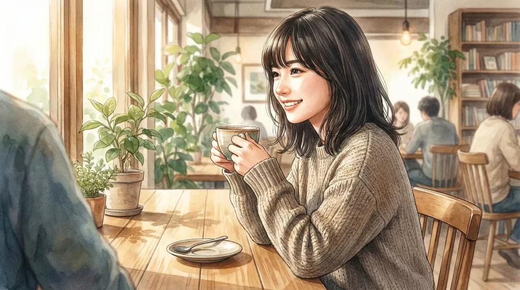 A realistic, photographic illustration of a Japanese woman in her late twenties smiling with a cup of coffee across a table in a stylish cafe.