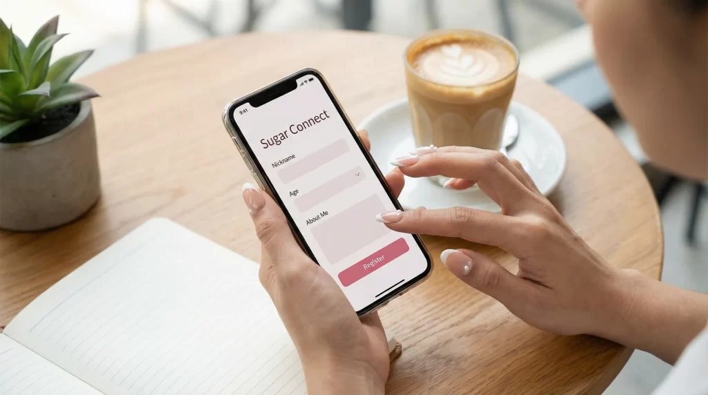 A woman's hands are shown operating the registration screen for a sugar daddy dating app on her smartphone.