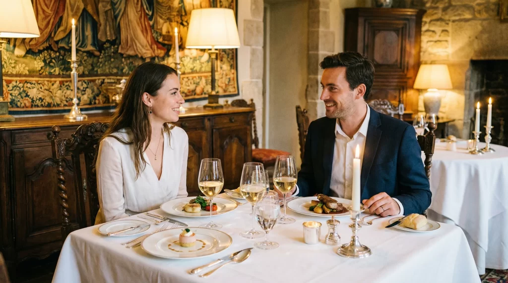 The image is of enjoying a meal at an elegant restaurant. A set course meal and a glass of wine are on the table.