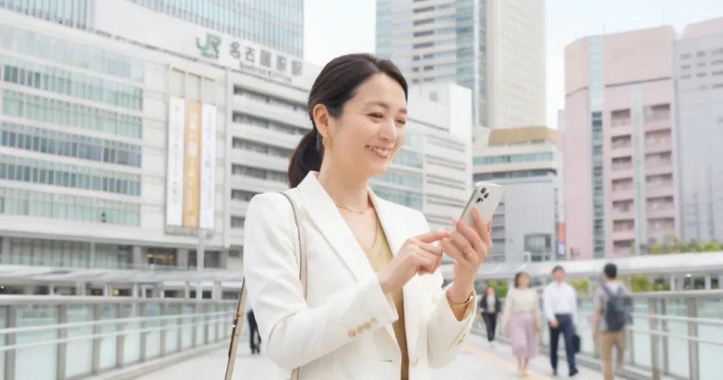 Image of a woman checking a sugar daddy app in front of Nagoya Station.